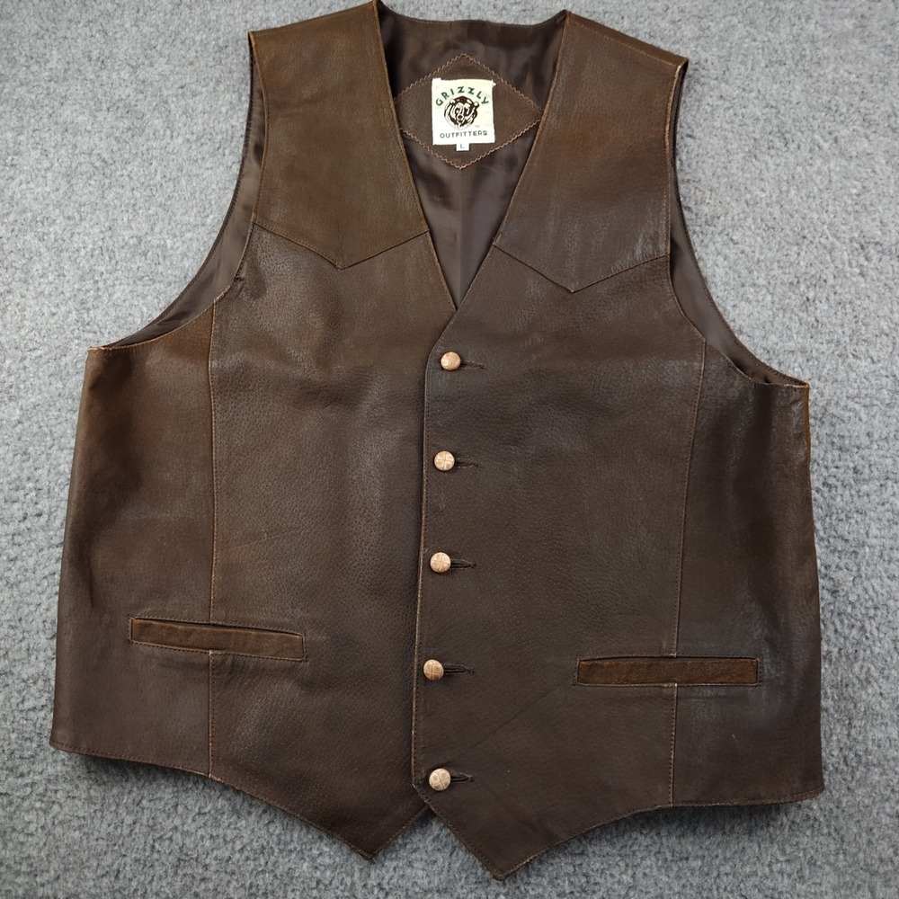 Grizzly Outfitters Vest Mens Large Western Brown Leather Pockets Renaissance